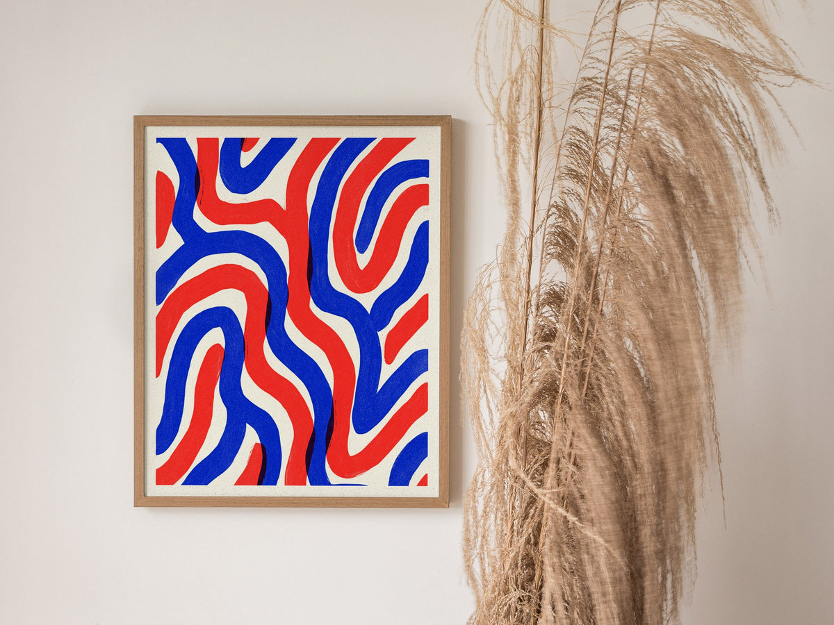 Woven Currents Poster | Coral and Cobalt Abstract Art Print | Modern Coastal Wall Art — styled in an interior