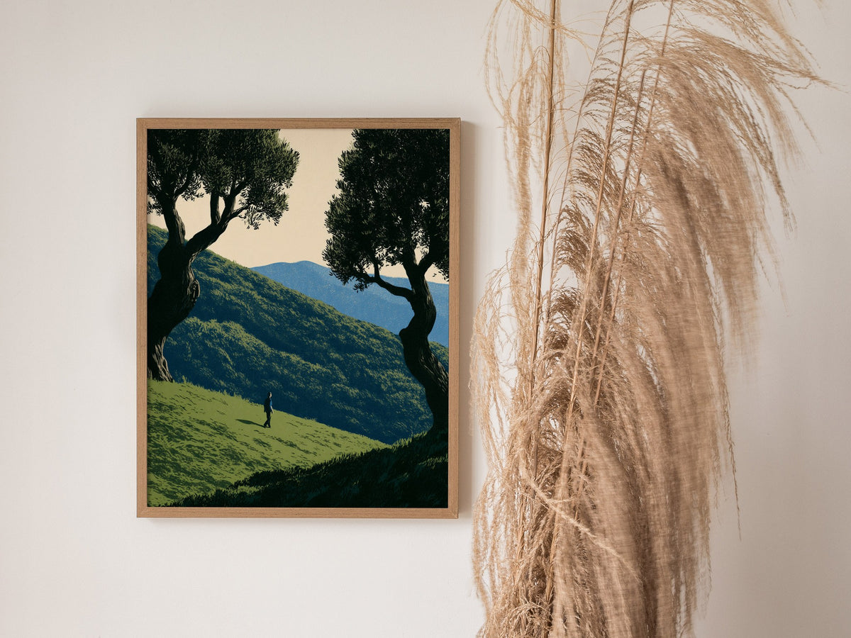 Child Climbs Green Slope Poster | Green and Sage Illustrative Art Print | Kids Room Wall Art — styled in an interior