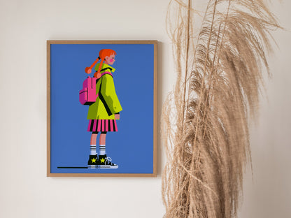 Girl in Green Hat Poster | Neon Brights Flat Design Art Print | Kids Room Wall Art — styled in an interior