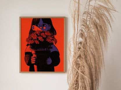 Girl Holds Blooms Poster | Coral and Purple Illustrative Art Print | Kids Room Wall Art — styled in an interior