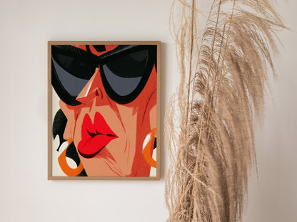 Diva Hides Eyes Poster | Coral and Black Illustrative Art Print | Pop Art Wall Art — styled in an interior