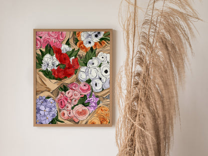 Bouquets at Market Poster | Pink and Lilac Pen and Ink Art Print | Kitchen Wall Art — styled in an interior