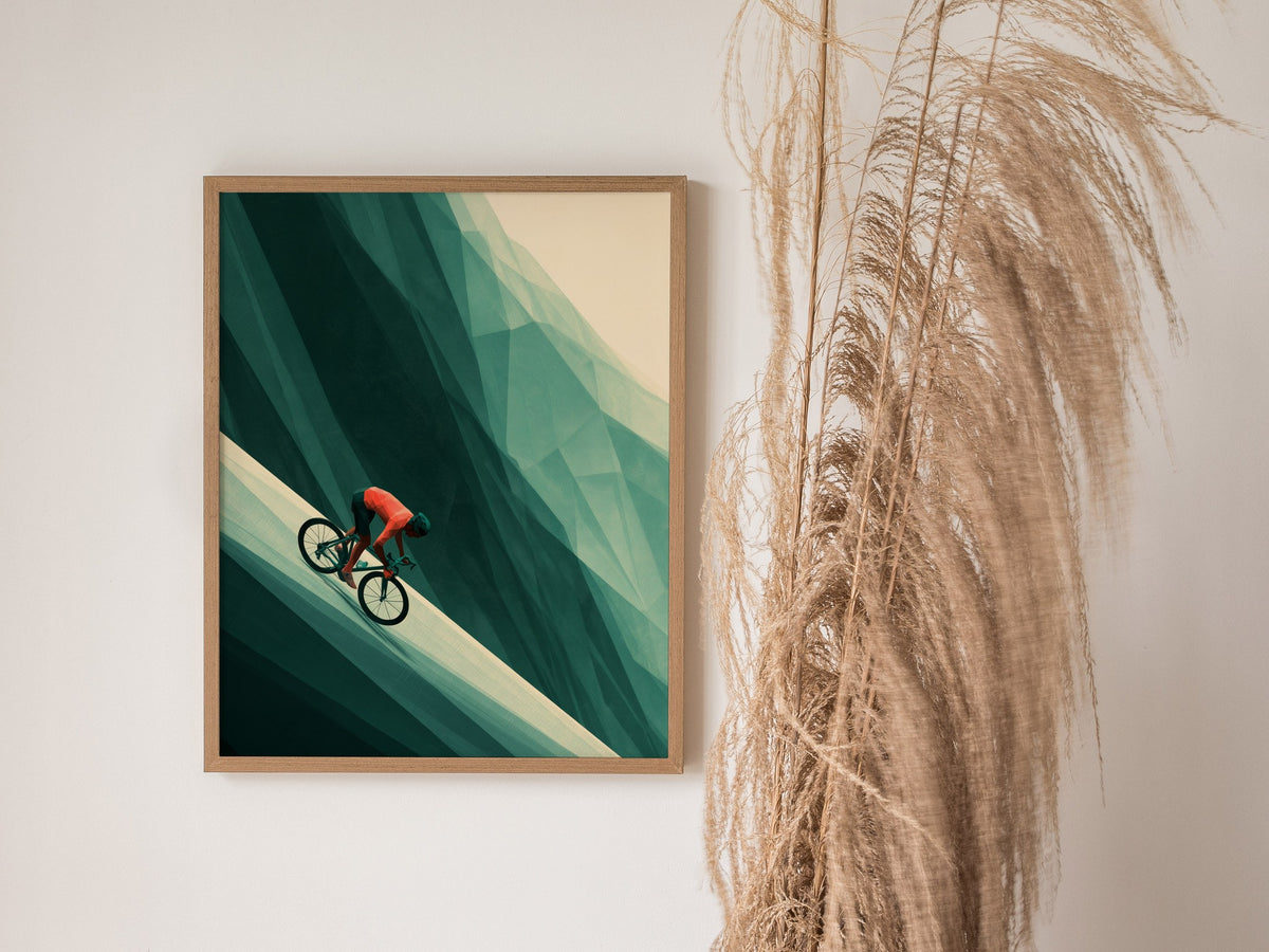 Cyclist Claims Hill Poster | Coral and Forest Low Poly Art Print | Cycling Wall Art — styled in an interior
