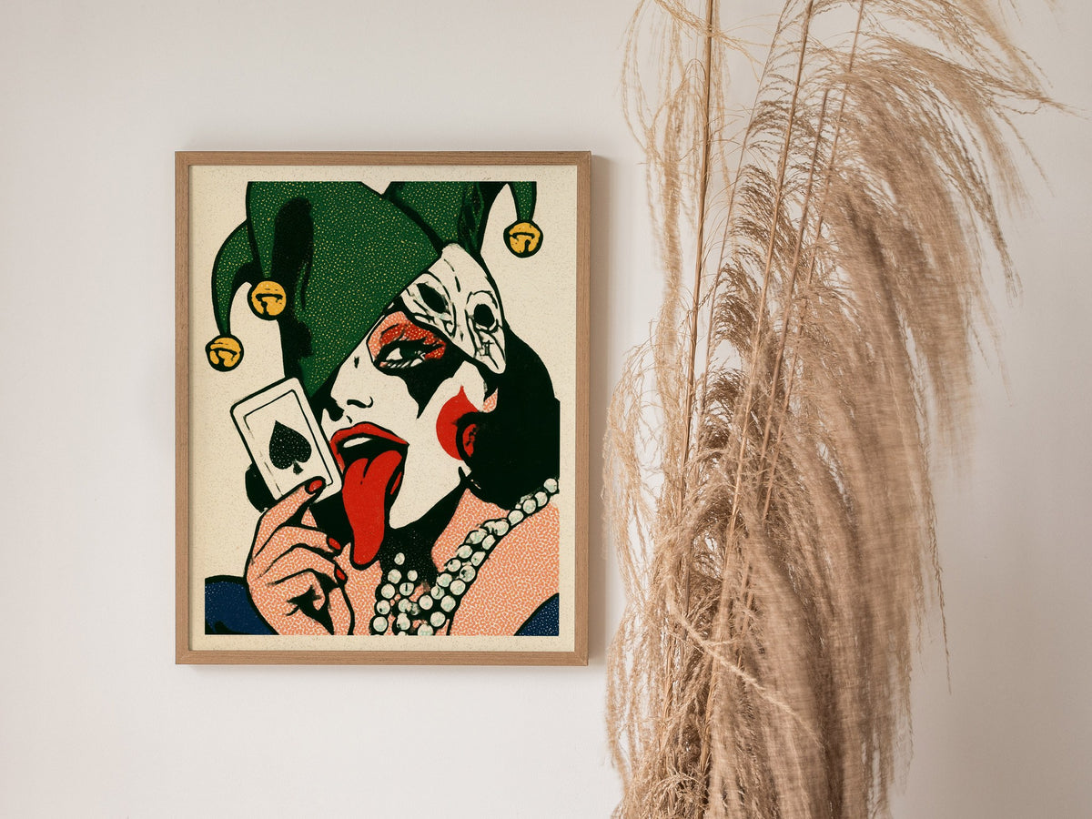Joker Licks Ace Poster | Green and Red Screen Print Art Print | Dark Fantasy Wall Art — styled in an interior