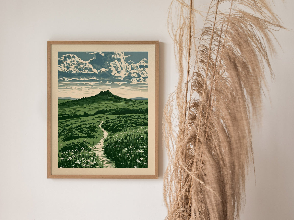 Moorland Cloud Tower Poster | Green and Cream Screen Print Art Print | Nature Lover Wall Art — styled in an interior