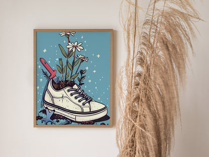Sneaker Garden Poster | Blue and Coral Illustrative Art Print | Plant Lover Wall Art — styled in an interior