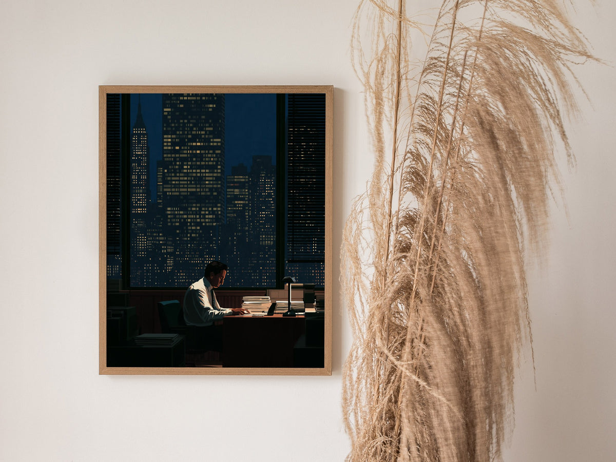 Salesman Works Late Poster | Deep Blue Illustrative Art Print | Office Wall Art — styled in an interior