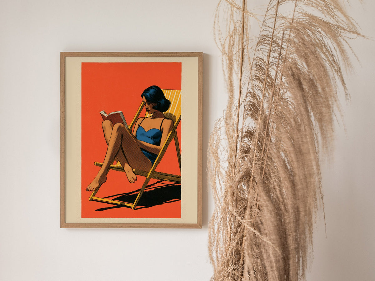 Deck Chair Reader Poster | Yellow Blue Coral Screen Print Art Print | Beach House Wall Art — styled in an interior