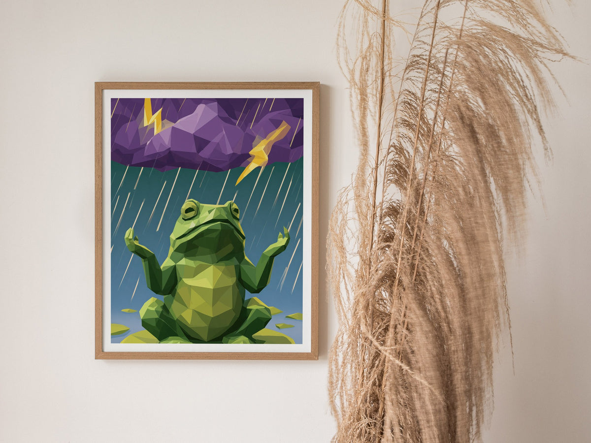 Toad Conducts Rain Poster | Green and Purple Low Poly Art Print | Kids Room Wall Art — styled in an interior