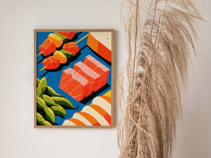 Japanese Seafood Still Life Poster | Cobalt and Coral Illustrative Art Print | Kitchen Wall Art — styled in an interior
