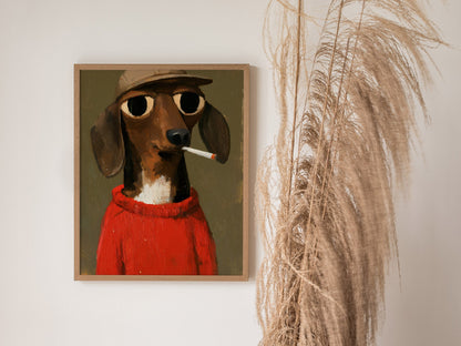 Dachshund In Red Poster | Red and Olive Oil Painting Art Print | Folk Art Wall Art — styled in an interior
