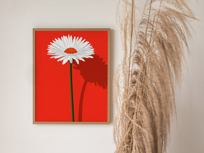 White Daisy on Red Poster | Red and White Flat Design Art Print | Modernist Wall Art — styled in an interior