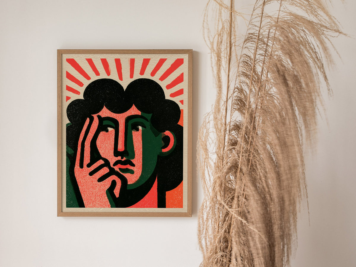 Thinker Touches Temple Poster | Coral and Green Screen Print Art Print | Modernist Wall Art — styled in an interior