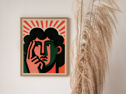 Thinker Touches Temple Poster | Coral and Green Screen Print Art Print | Modernist Wall Art — styled in an interior