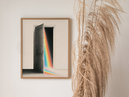 Rainbow Through the Door Poster | Rainbow and Black Pen and Ink Art Print | Mystic Wall Art — styled in an interior
