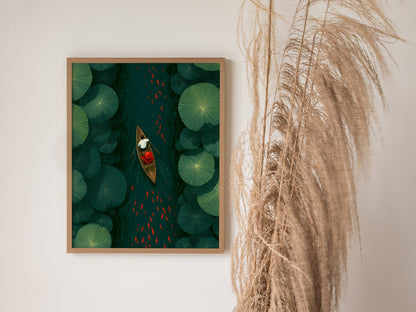 Lily Pad Passage Poster | Forest Green Illustrative Art Print | Botanical Wall Art — styled in an interior
