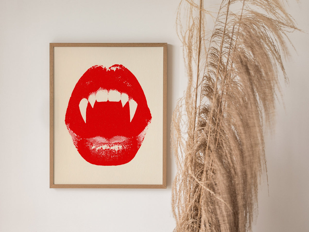 Vampire Bite Poster | Red and Cream Screen Print Art Print | Goth Wall Art — styled in an interior