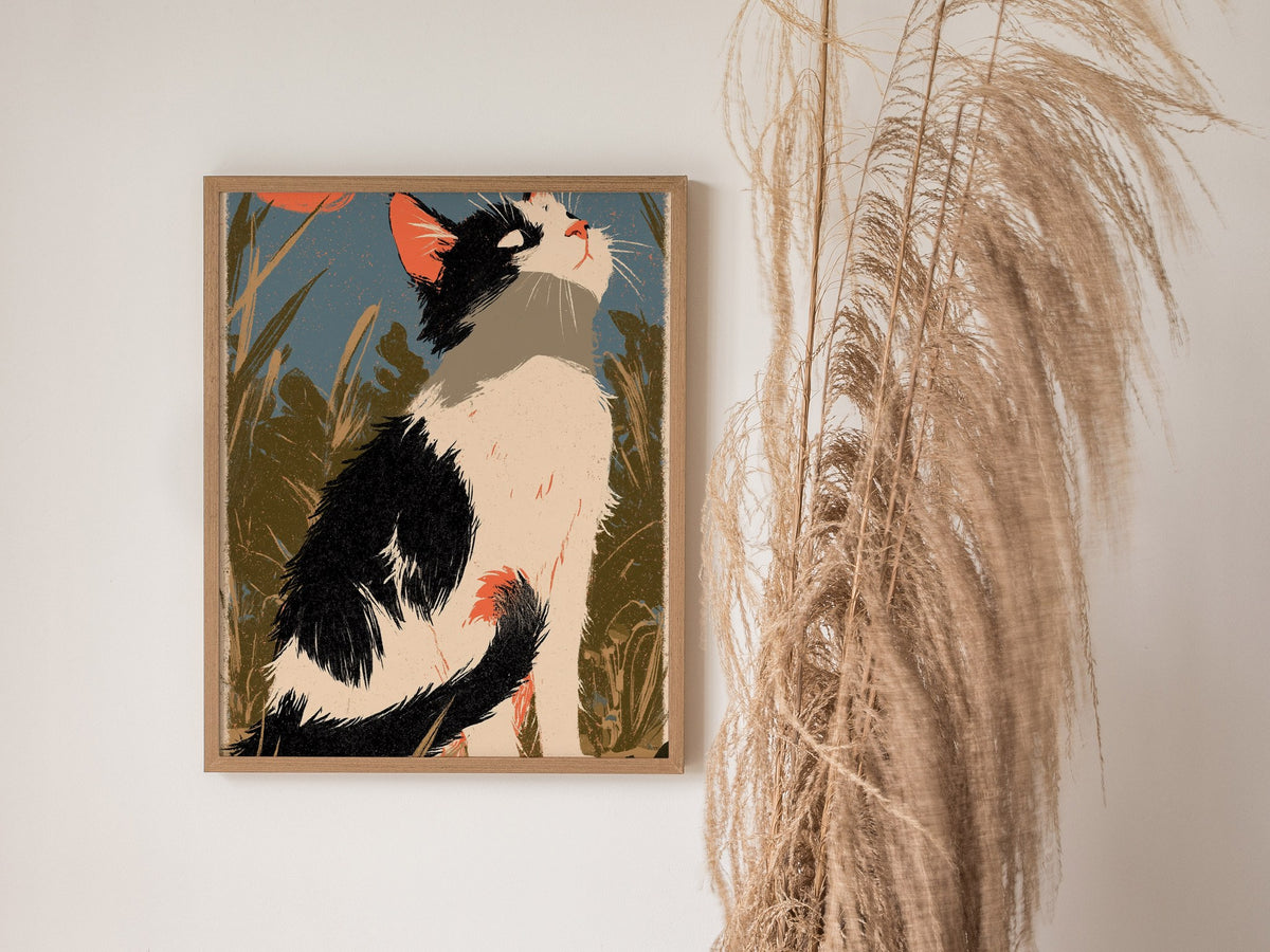 Cat Chasing Tail Poster | Cream and Coral Illustrative Art Print | Kids Room Wall Art — styled in an interior