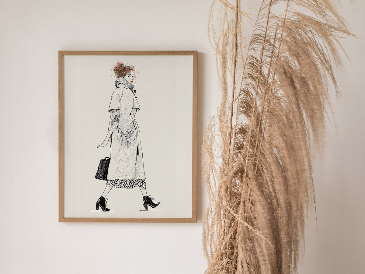Woman Glances Back Poster | Orange and Cream Pen and Ink Art Print | Fashion Illustration Wall Art — styled in an interior