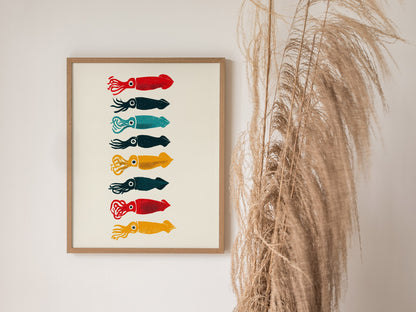 Five Squid Stack Poster | Multicolor Screen Print Art Print | Kitchen Wall Art — styled in an interior