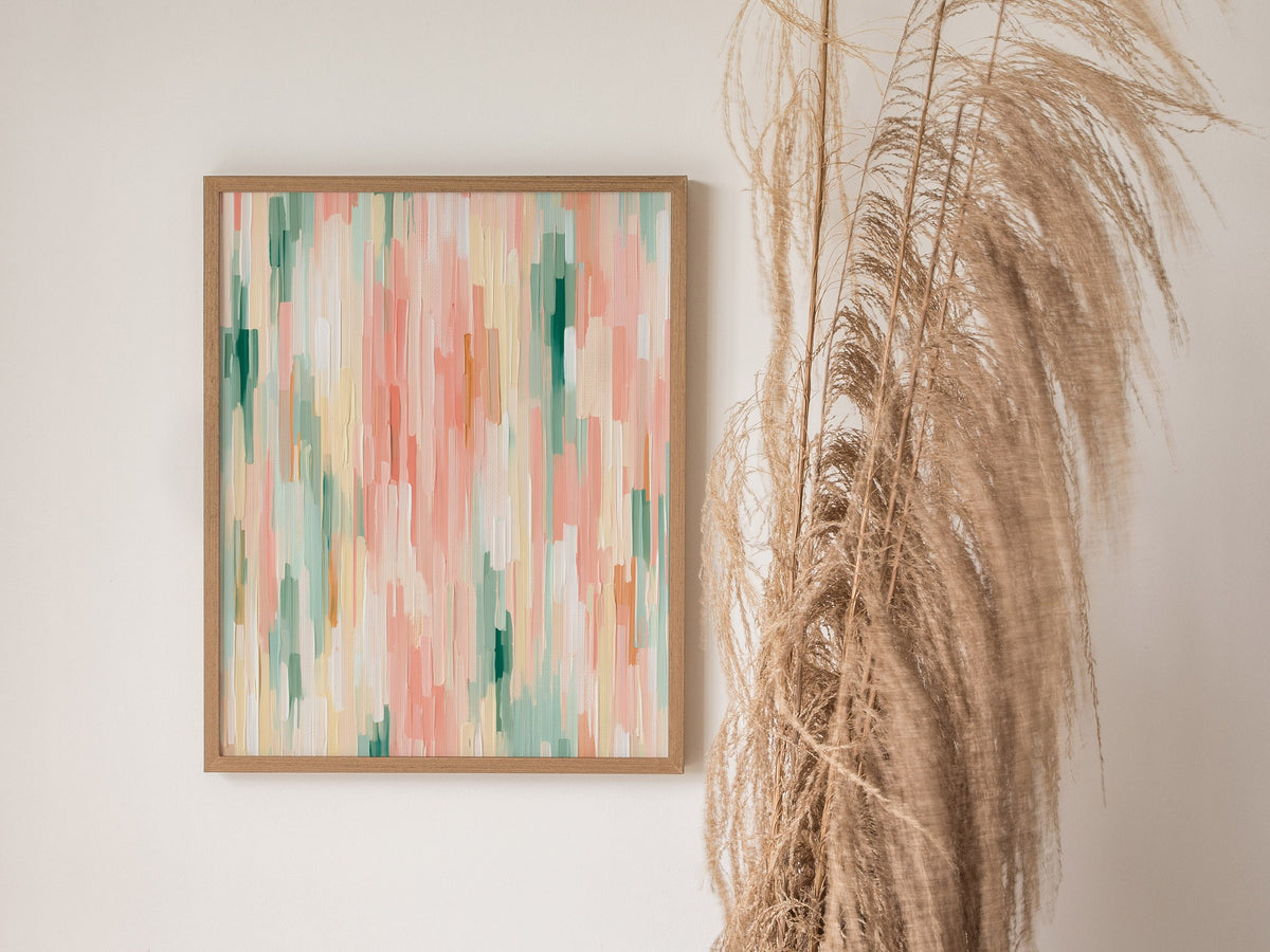 Drifting Color Fields Poster | Rose and Sage Oil Painting Art Print | Minimalist Wall Art — styled in an interior