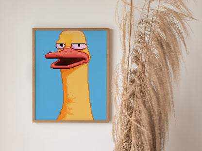 Tired Duck Portrait Poster | Pink and Yellow Pixel Art Print | Gaming Wall Art — styled in an interior