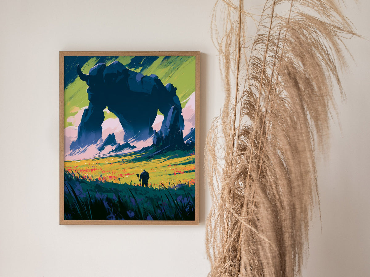 Stone Guardian at Dawn Poster | Navy and Orange Illustrative Art Print | Dark Fantasy Wall Art — styled in an interior