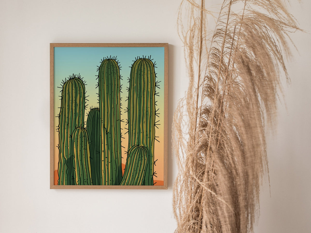 Cactus Garden Poster | Green and Coral Japanese Woodblock Art Print | Southwestern Wall Art — styled in an interior