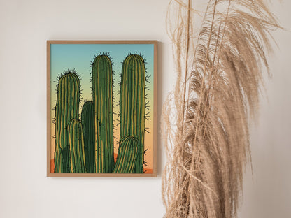 Cactus Garden Poster | Green and Coral Japanese Woodblock Art Print | Southwestern Wall Art — styled in an interior