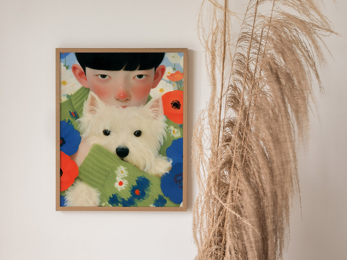 Boy With Westie Poster | Blue and Green Illustrative Art Print | Contemporary Wall Art — styled in an interior