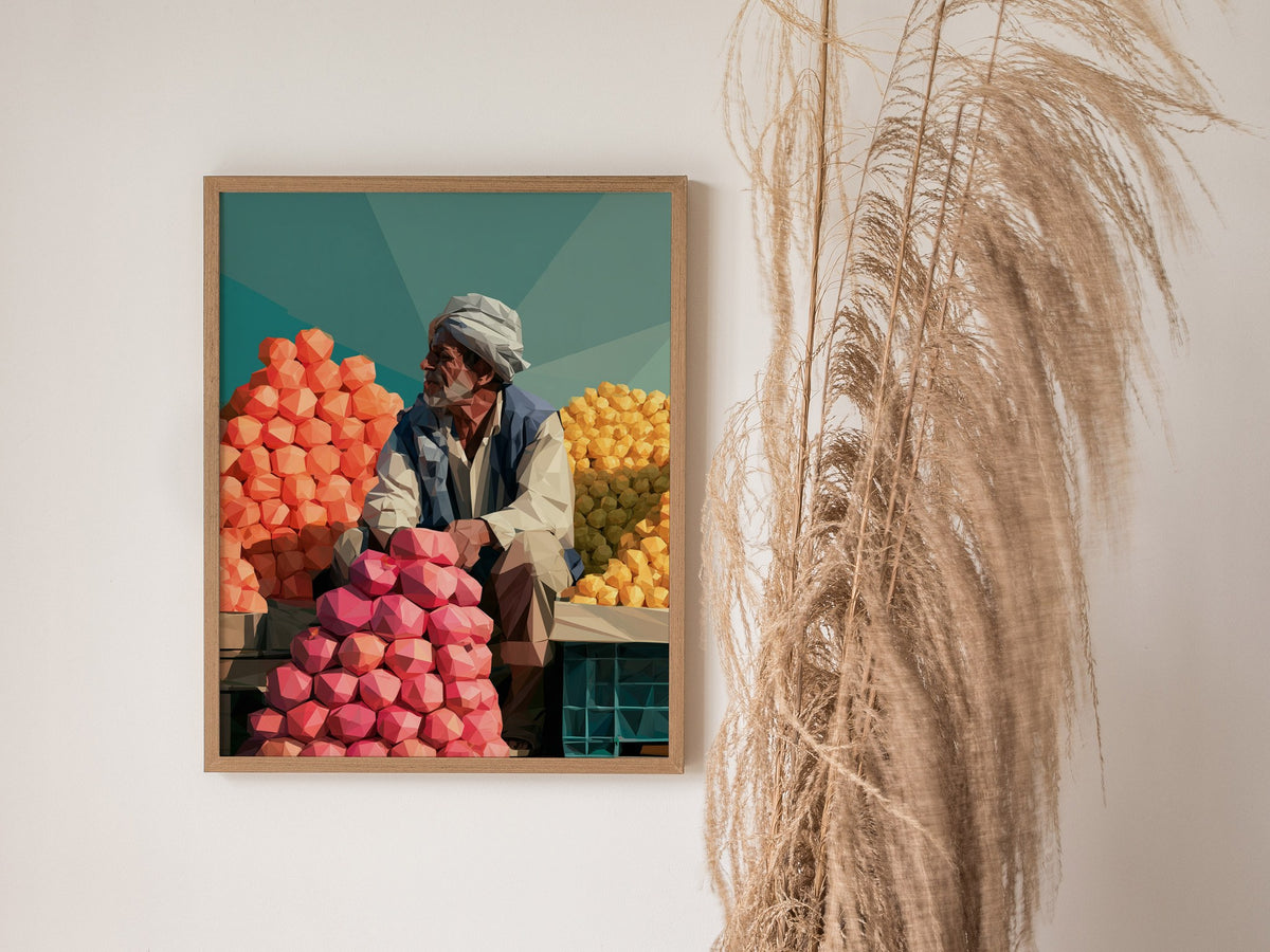 Fruit Seller Waits Poster | Navy and Hot Low Poly Art Print | Kitchen Wall Art — styled in an interior