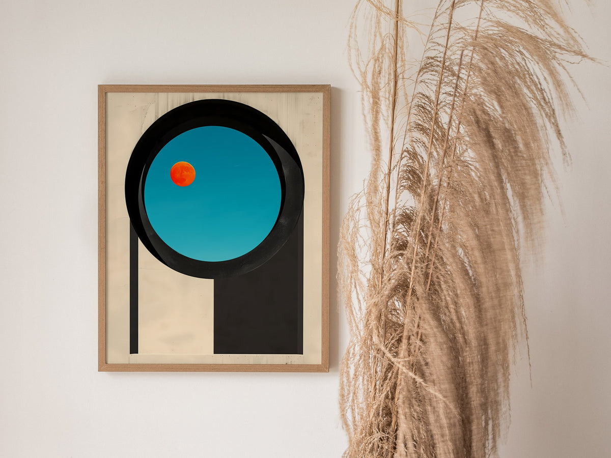 Circular Window Portal Poster | Cobalt and Orange Minimalism Art Print | Minimalist Wall Art — styled in an interior