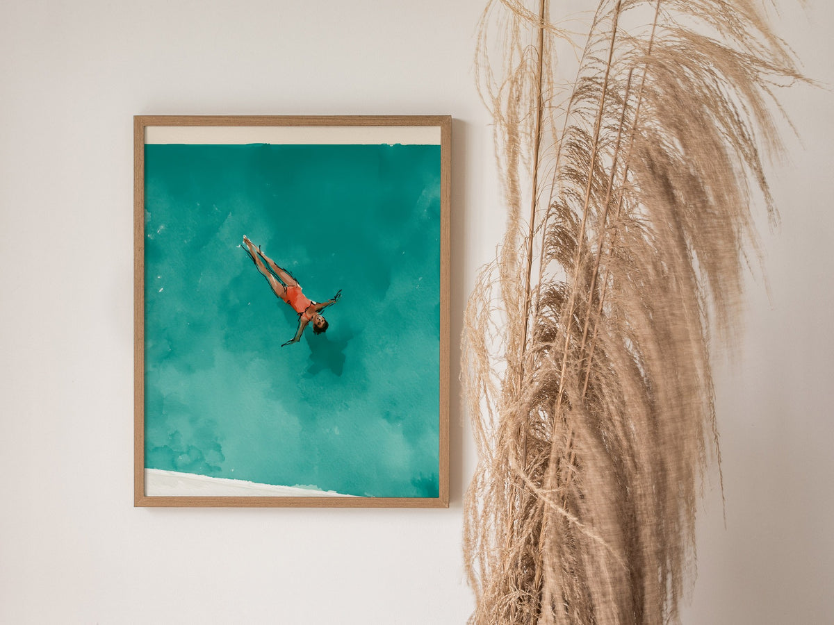 Swimmer in Pool Poster | Teal and Coral Watercolor Art Print | Spa Wall Art — styled in an interior