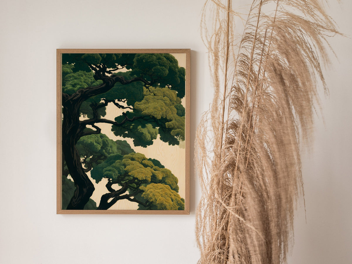 Under the Pines Poster | Forest Green Japanese Woodblock Art Print | Nature Lovers Wall Art — styled in an interior