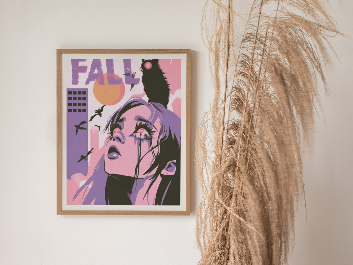 Girl Meets Fall Poster | Pink Purple Lime Illustrative Art Print | Surreal Pop Wall Art — styled in an interior