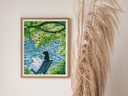Reader by Water Poster | Blue and Yellow-Green Japanese Watercolor Art Print | Contemplative Readers Wall Art — styled in an