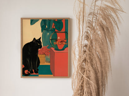 cat-and-goldfish Poster | Coral and Teal Matisse Style Art Print | Modern Home Wall Art — styled in an interior