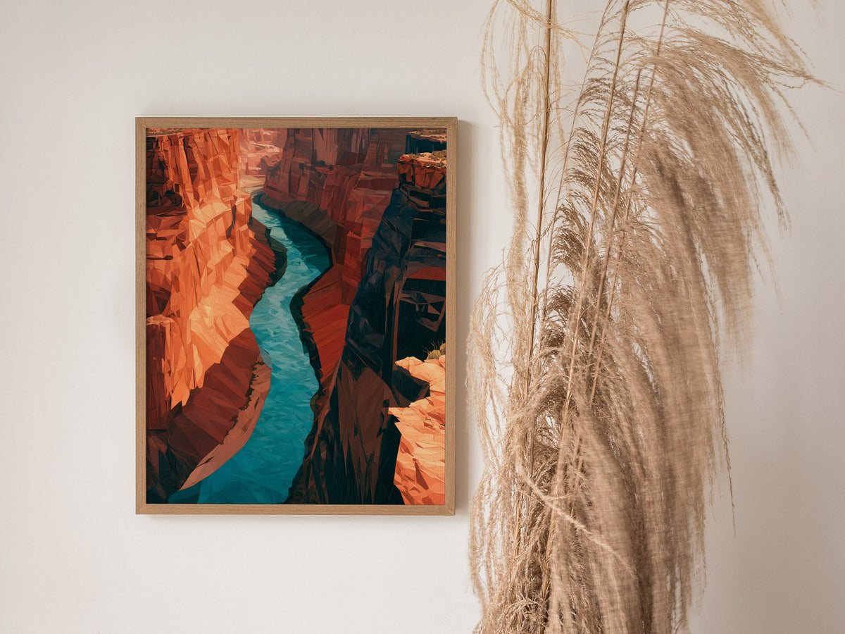 Canyon Holds River Poster | Turquoise and Ochre Low Poly Art Print | Modern Minimalist Wall Art — styled in an interior