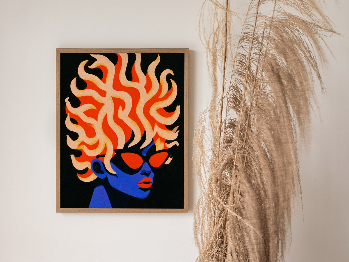 Modern Medusa Poster | Blue and Orange Illustrative Art Print — styled in an interior