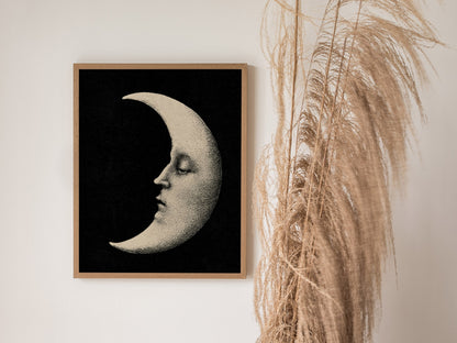 Manuscript Moon Poster | Black and Cream Pen and Ink Art Print | Dark Academia Wall Art — styled in an interior
