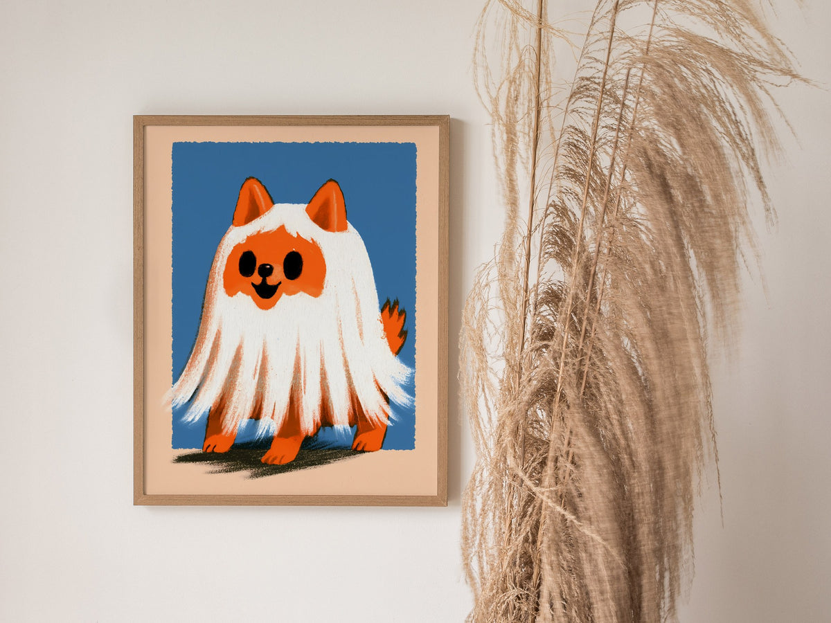 Ghost Dog Poster | Orange and Cobalt Illustrative Art Print | Kids Room Wall Art — styled in an interior