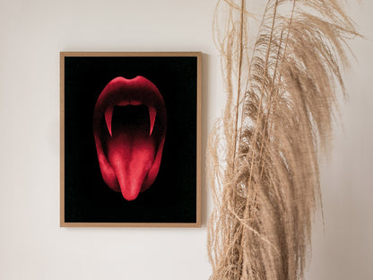 Vampire Smile Poster | Red and Black Pen and Ink Art Print | Goth Wall Art — styled in an interior