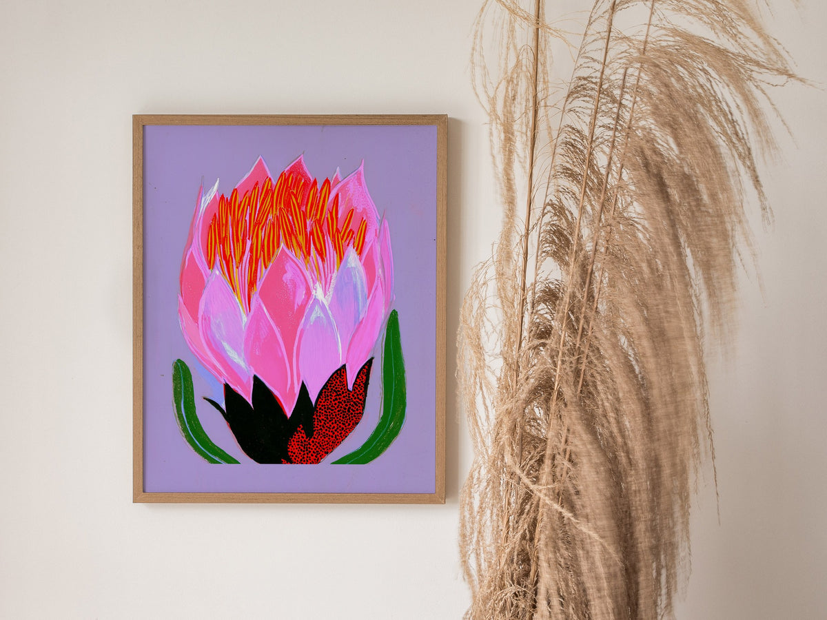 Flower Erupts Purple Poster | Pink and Lavender Illustrative Art Print | Botanical Wall Art — styled in an interior