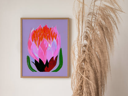 Flower Erupts Purple Poster | Pink and Lavender Illustrative Art Print | Botanical Wall Art — styled in an interior