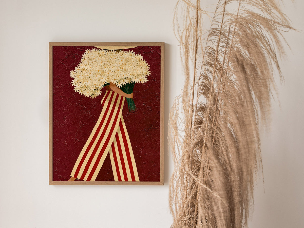 Daisy Carrier Poster | Burgundy and Cream Flat Design Art Print | Folk Art Wall Art — styled in an interior
