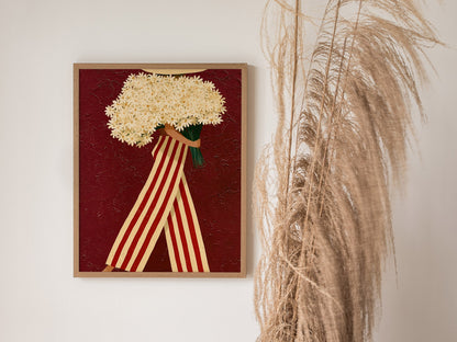 Daisy Carrier Poster | Burgundy and Cream Flat Design Art Print | Folk Art Wall Art — styled in an interior