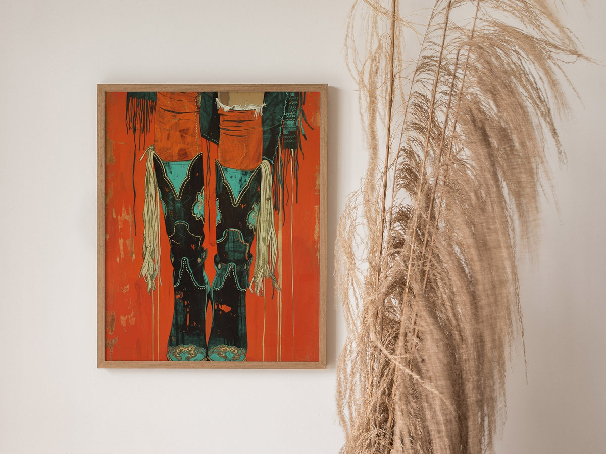 Cowgirl Boots Up Poster | Rust and Turquoise Matisse Style Art Print | Western Wall Art — styled in an interior