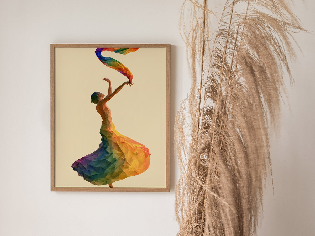 Dancer Unfurls Rainbow Poster | Rainbow Jewel Tones Low Poly Art Print | Modern Minimalist Wall Art — styled in an interior