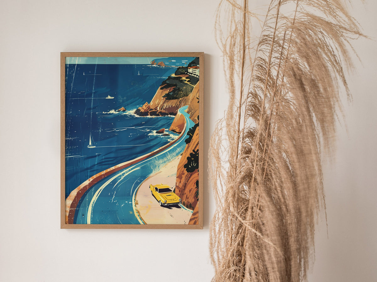 Coastal Drive Poster | Cobalt and Coral Watercolor Art Print | Coastal Wall Art — styled in an interior