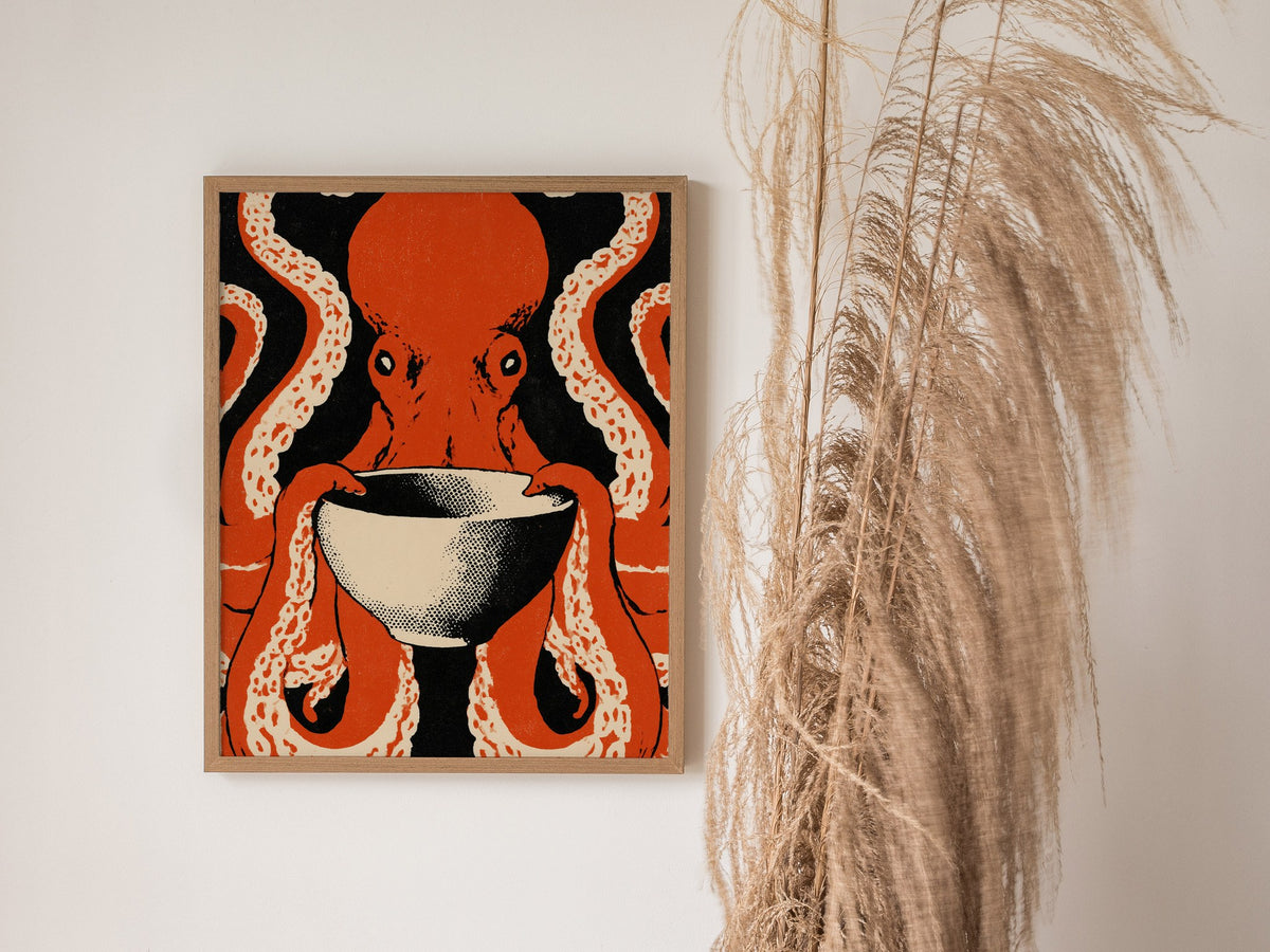 Breakfast Octopus Poster | Cream and Rust Screen Print Art Print | Kitchen Wall Art — styled in an interior